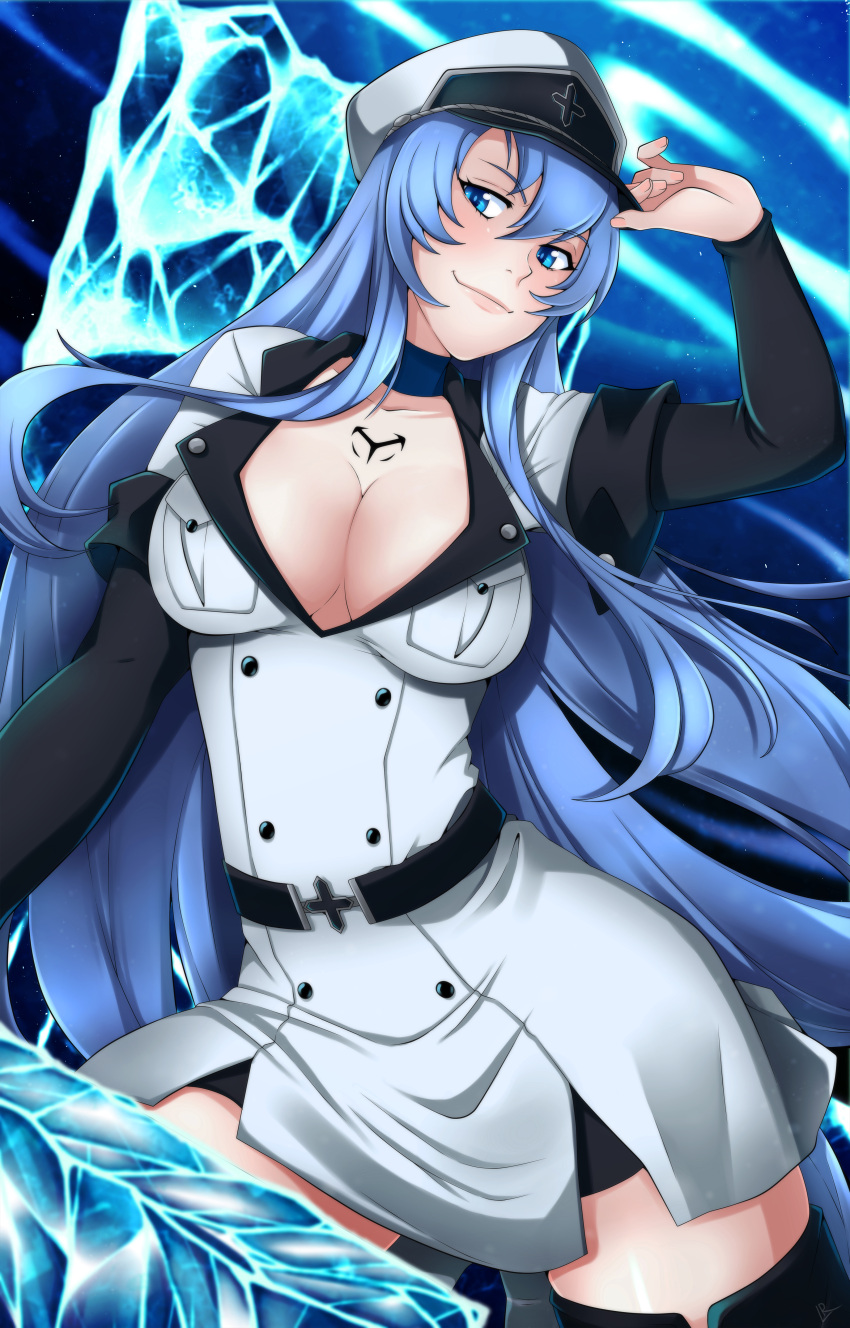 1girls 2022 2d adult adult_female akame_ga_kill! alternate_version_available big_breasts big_cleavage blue_eyes blue_hair blush braless breast_focus breasts chest_markings chest_tattoo choker cleavage cleavage_focus cleavage_window clothed clothed_female clothing cryokinesis dominant_female esdeath_(akame_ga_kill!) fair-skinned_female fair_skin female female_only fully_clothed general hat head_tilt human human_female human_only ice light-skinned_female light_skin lindaroze long_hair looking_at_viewer no_bra pale-skinned_female pale_skin powers realistic_breast_size realistic_proportions sfw sfw_version smile smiling_at_viewer solo solo_female straight_hair tall_female tattoo thick_thighs thighhighs thighs very_long_hair villain villainess young_woman