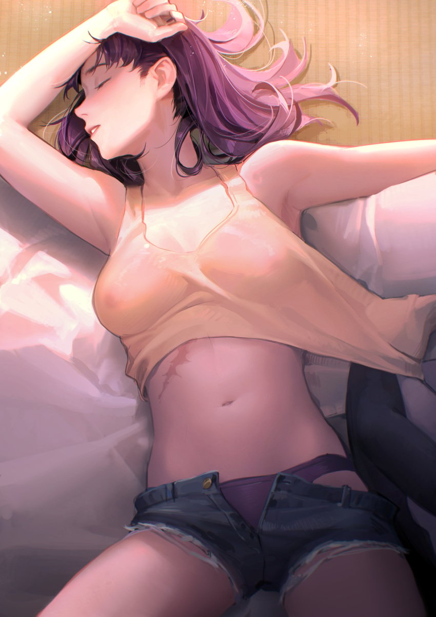 1girls armpits bare_arms bed breasts casual clothing covered_nipples crop_top denim denim_shorts female indoors large_breasts light-skinned_female light_skin limart lying lying_on_back medium_breasts midriff misato_katsuragi neon_genesis_evangelion nipples nipples_visible_through_clothing no_bra on_back panties pen_pen penguin purple_hair revealing_clothes scar see-through see-through_clothing short_shorts shorts sleeping sleeveless solo stomach tank_top thighs underwear