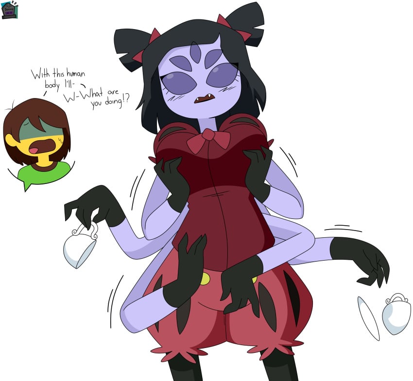 1girls 2d body_swap clothed deltarune dez-a-sketch english_text female groping humanoid kris_(deltarune) masturbation muffet multi_arm multi_limb spider tagme talking text undertale undertale_(series)