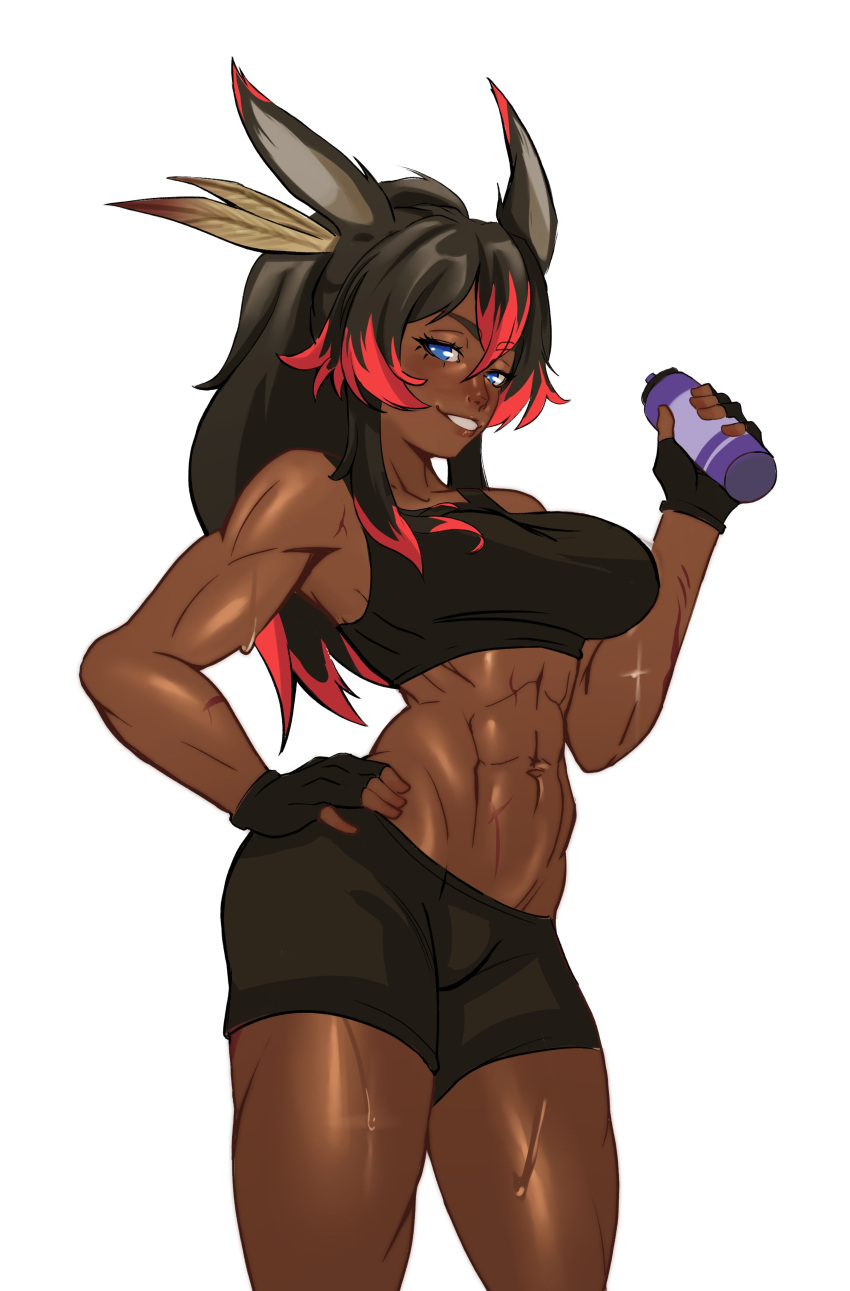 abs after_workout bike_shorts blue_eyes dark-skinned_female dark_skin eliri final_fantasy final_fantasy_xiv large_breasts lean_muscle long_hair looking_at_viewer midriff mon_eree multicolored_hair muscles muscular muscular_female ponytail rabbit_ears rabbit_girl red_hair scared scars_on_thighs slim_waist smirk spats sports_bra sweat tan tank_top thighs tomboy toned_body toned_female toned_stomach toned_thighs tubetop viera