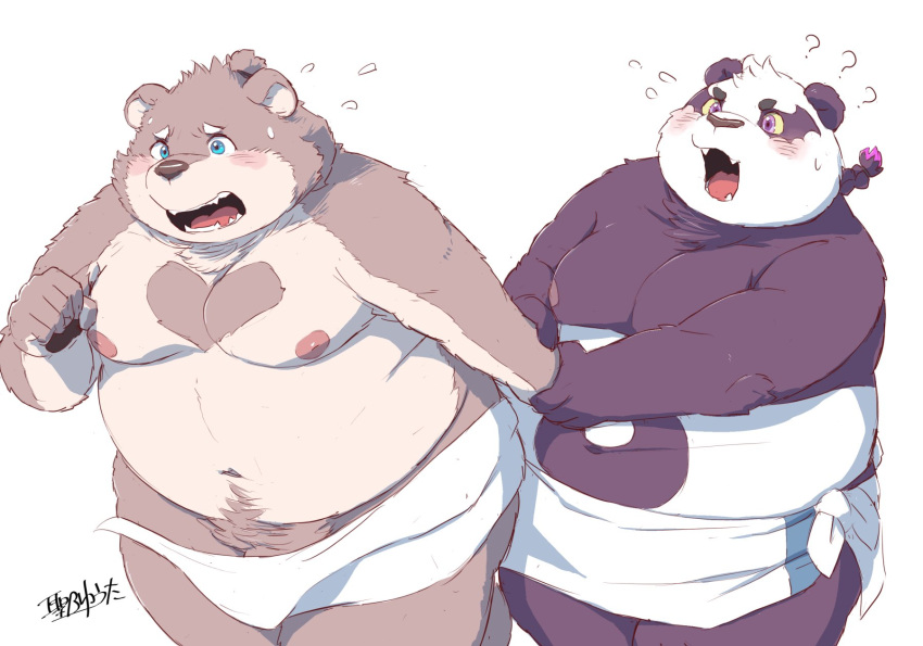 2022 alp_(tokyo_afterschool_summoners) anthro barely_visible_genitalia barely_visible_penis belly big_belly blush duo genitals giant_panda hi_res hijirinoyuta humanoid_hands jambavan kemono lifewonders male mammal moobs nipples overweight overweight_male penis purple_body simple_background tokyo_afterschool_summoners towel ursid video_games white_body