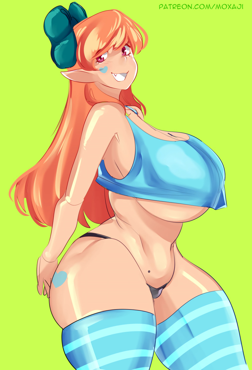 1girls big_ass big_breasts bow breasts_bigger_than_head enormous_ass enormous_breasts gigantic_breasts hands_behind_back huge_ass huge_breasts long_hair looking_back massive_ass massive_breasts mole moxaji orange_hair pointy_ears smile tagme thick_thighs thigh_squish thighhighs underboob wide_hips