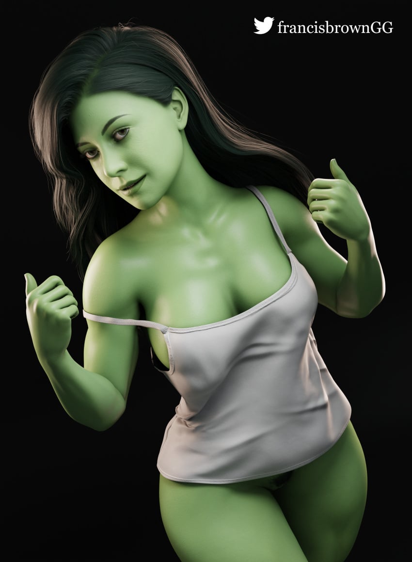 1girls 3d 3d_(artwork) alternate_version_available big_breasts black_hair bottomless celebrity female female_only francis_brown green_skin marvel marvel_cinematic_universe marvel_comics she-hulk she-hulk:_attorney_at_law solo tatiana_maslany toned_female topwear twitter_username