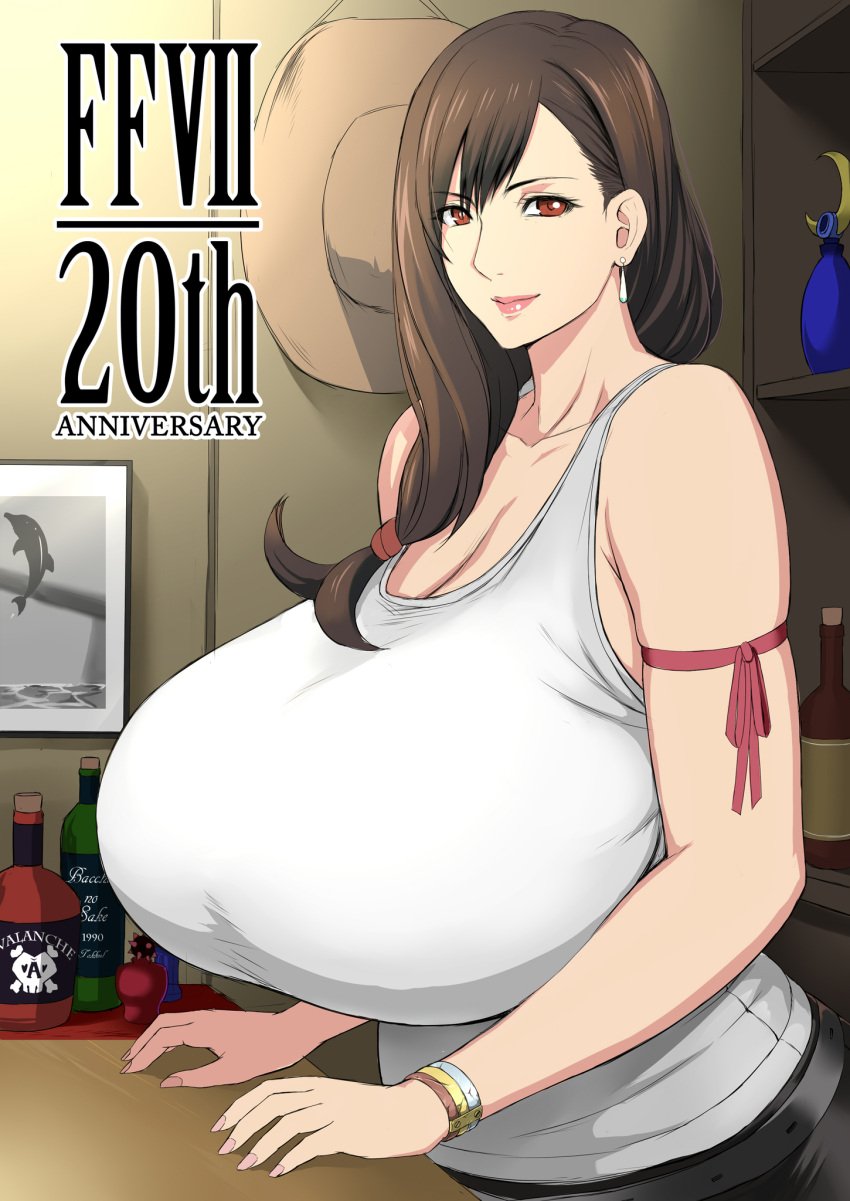 bar big_breasts breasts brown_hair final_fantasy final_fantasy_vii huge_breasts kurohardt kuroharuto large_breasts red_eyes tagme tank_top tifa_lockhart