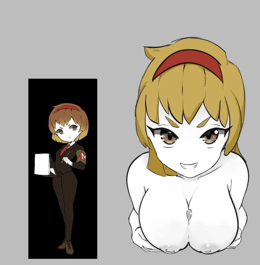 artist_request big_breasts blonde_eyebrows blonde_female blonde_hair blonde_hair_female grin grinning_at_viewer holding_breasts holding_own_breasts library_of_ruina lobotomy_corporation looking_at_viewer malkuth_(lobotomy_corporation) office_lady paizuri pale-skinned_female pale_skin penis_between_breasts project_moon short_hair suit tagme tan_eyes tie yellow_eyebrows yellow_hair