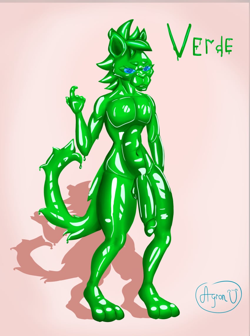 absurd_res agron_u anthro domestic_cat fan_character felid feline felis genitals goo_creature hi_res humanoid hybrid male male/male mammal penis slime solo verde(agron_u)