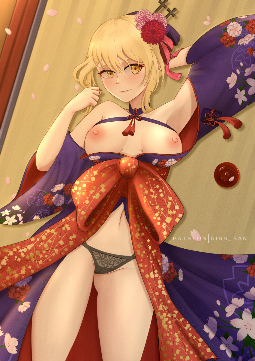 1girls big_breasts breasts breasts_outside clothed clothed_female commission fate/grand_order fate_(series) female flower flower_in_hair flowers gibb_san kimono light-skinned_female light_skin looking_at_viewer nipples panties saber_alter thick_thighs yellow_eyes yellow_hair