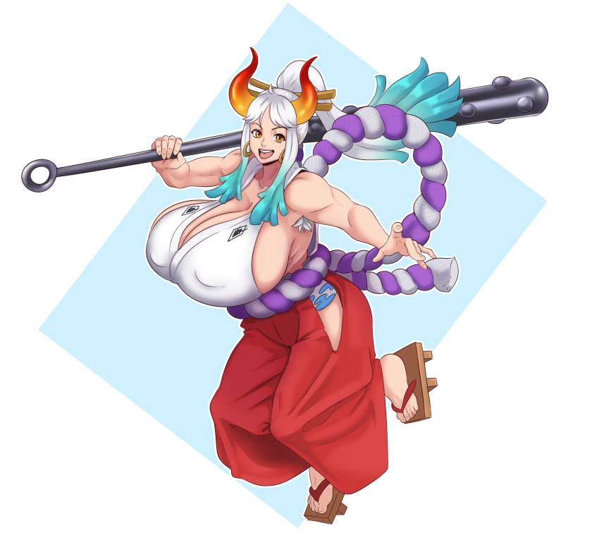 armpit_hair armpits big_ass big_breasts big_butt cleavage female female_only fit fit_female geta hairy hairy_armpits hakama horns muscular muscular_female one_piece sideboob sunnysundown white_background white_hair yamato_(one_piece)