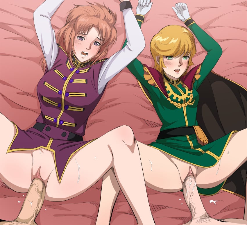 artist_request audrey_burne blonde_hair bottomless brown_hair green_eyes gundam gundam_unicorn marida_cruz mineva_lao_zabi missionary_position open_mouth partial_male purple_eyes tagme vaginal_penetration