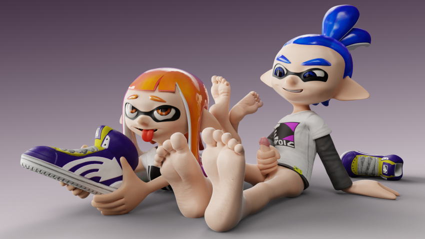 3d 3d_(artwork) animal_humanoid barefoot cephalopod cephalopod_humanoid digital_media_(artwork) duo feet feet_focus feetymcfoot female foot_fetish genitals hi_res humanoid inkling inkling_boy inkling_girl john_(splatoon) kaori_(splatoon) male marine marine_humanoid masturbation mollusk mollusk_humanoid nintendo penis soles splatoon toes tongue video_games