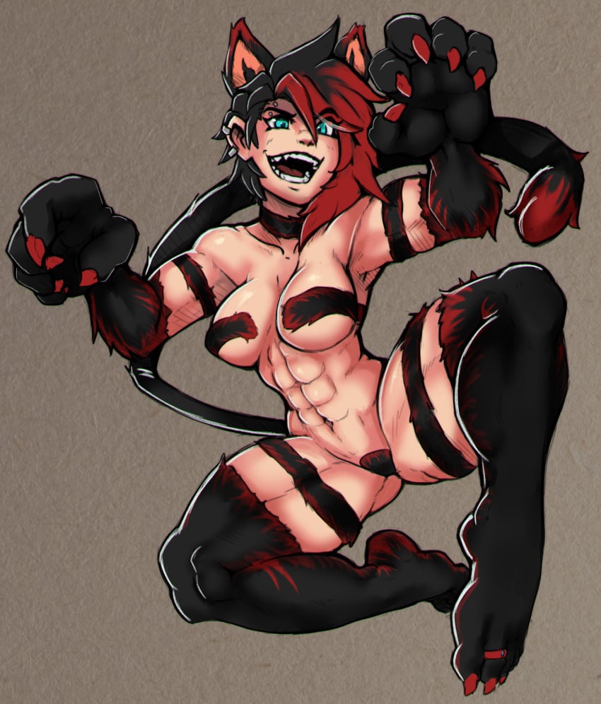 abs alternate_costume athletic biceps big_breasts blue_eyes breasts carrus_olivia cat_tail catgirl claws clothing_swap feet female fit_female fur hair hi_res human mammal midriff multicolored_hair muscular muscular_female oc original original_character reliusmax ring sketch solo thick_thighs toe_claws toe_ring toenail_polish toes tomboy toned_body toned_female two_tone_hair