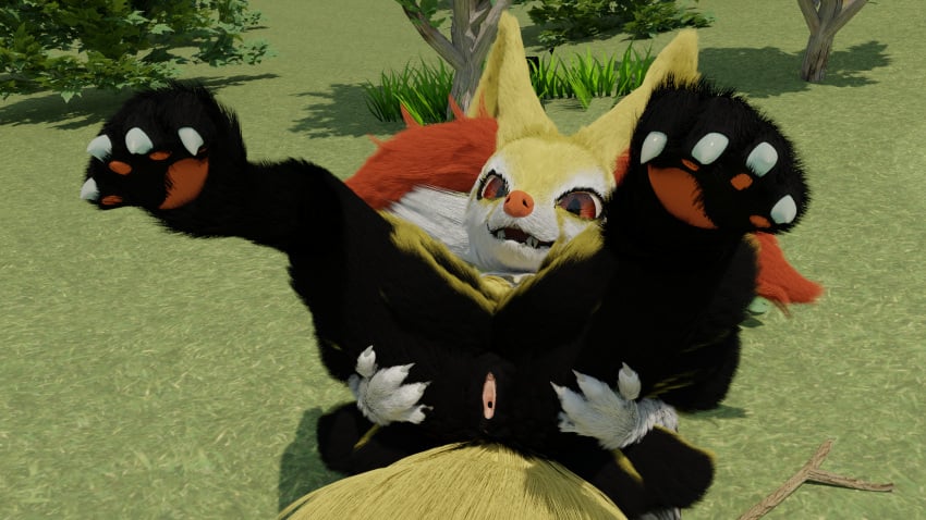 3d_(artwork) 4_fingers 4_toes anthro black_body black_fur braixen digital_media_(artwork) doublestuffed feet female fingers fur furry furry_only genitals hi_res looking_at_viewer nintendo pawpads pokémon_(species) pokemon pokemon_(species) presenting presenting_pussy pussy red_body red_eyes red_fur solo tail toes video_games yellow_body yellow_fur