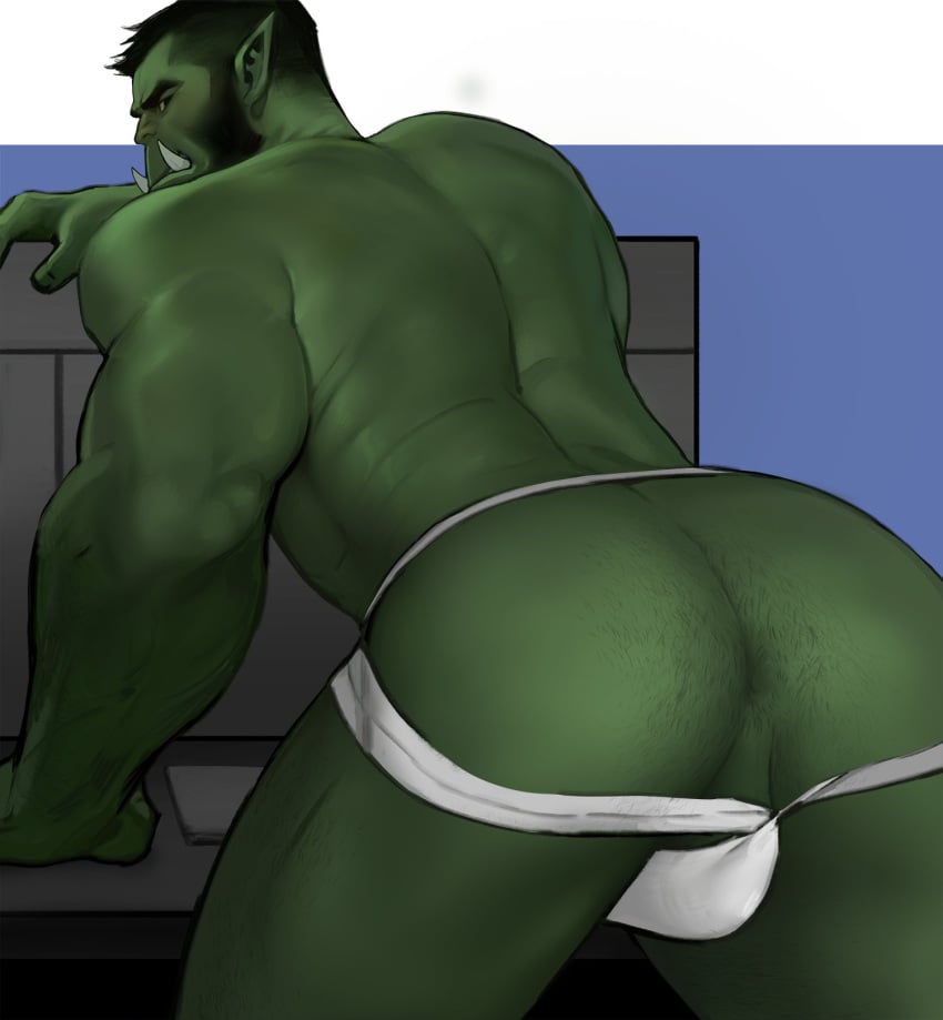 1boy ass balls bara bulge dopq gay green_skin jockstrap male male_only muscles muscular orc penis solo solo_male tusks underwear underwear_only yy6242