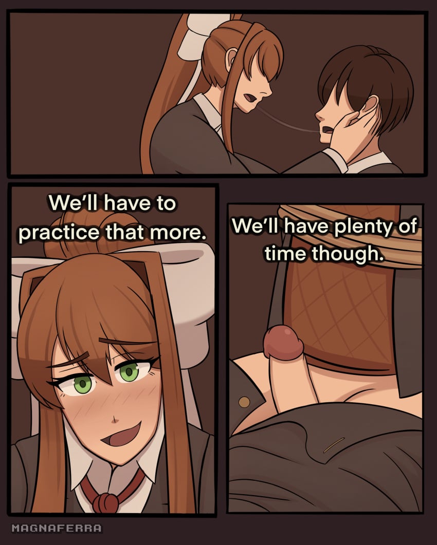 1boy 1boy1girl 1girls brown_hair dark_room doki_doki_literature_club doujinshi female green_eyes magna_ferra male monika_(doki_doki_literature_club) multiple_images player school_uniform schoolgirl