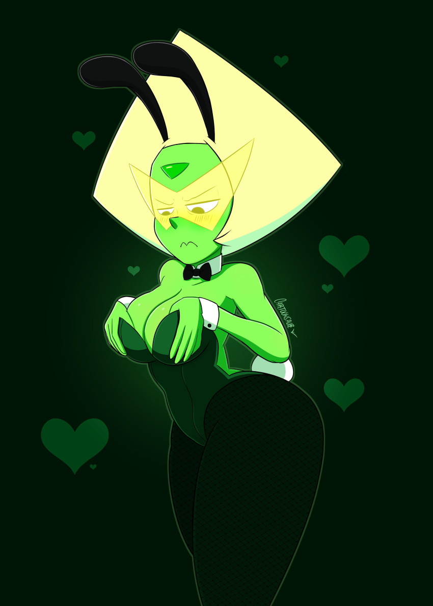 big_ass big_breasts blush blushing bunny_ears bunny_tail bunnysuit cartoon_network cartoonsaur cleavage fishnet_legwear fishnets green_eyes green_hair green_skin hands_on_breasts peridot_(steven_universe) steven_universe thick_thighs wrist_cuffs