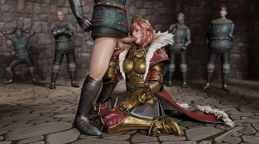 1boy 1girls 3d armor audience being_watched clothed_sex fellatio fondling_balls golden_armor high_heel_boots high_heels hildegard_von_krone mrstranger on_knees onlookers princess public red_hair royal royalty shiny_hair shiny_skin soul_calibur submissive submissive_female tagme tiara