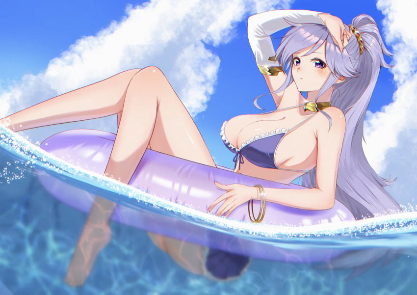 1girls absurdres alternate_costume ass barefoot bikini blue_sky bracelet breasts choker cleavage closed_mouth cloud day detached_sleeves female female_only fire_emblem fire_emblem:_genealogy_of_the_holy_war hair_ornament highres ishtar_(fire_emblem) jewelry large_breasts legs long_hair looking_at_viewer nintendo ocean outdoors partially_submerged partially_underwater_shot ponytail purple_bikini purple_eyes purple_hair purple_swimsuit shooot108 single_detached_sleeve sky solo swimsuit underwater yellow_choker