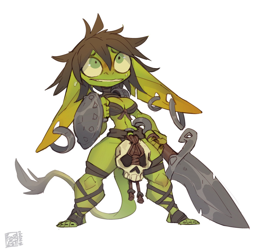 1girls big_breasts bikini breasts brown_hair clothed ear_piercing female female_only foresttherotten goblin goblin_female green-skinned_female green_eyes green_skin shield smaller_female solo sweat sword tagme worried