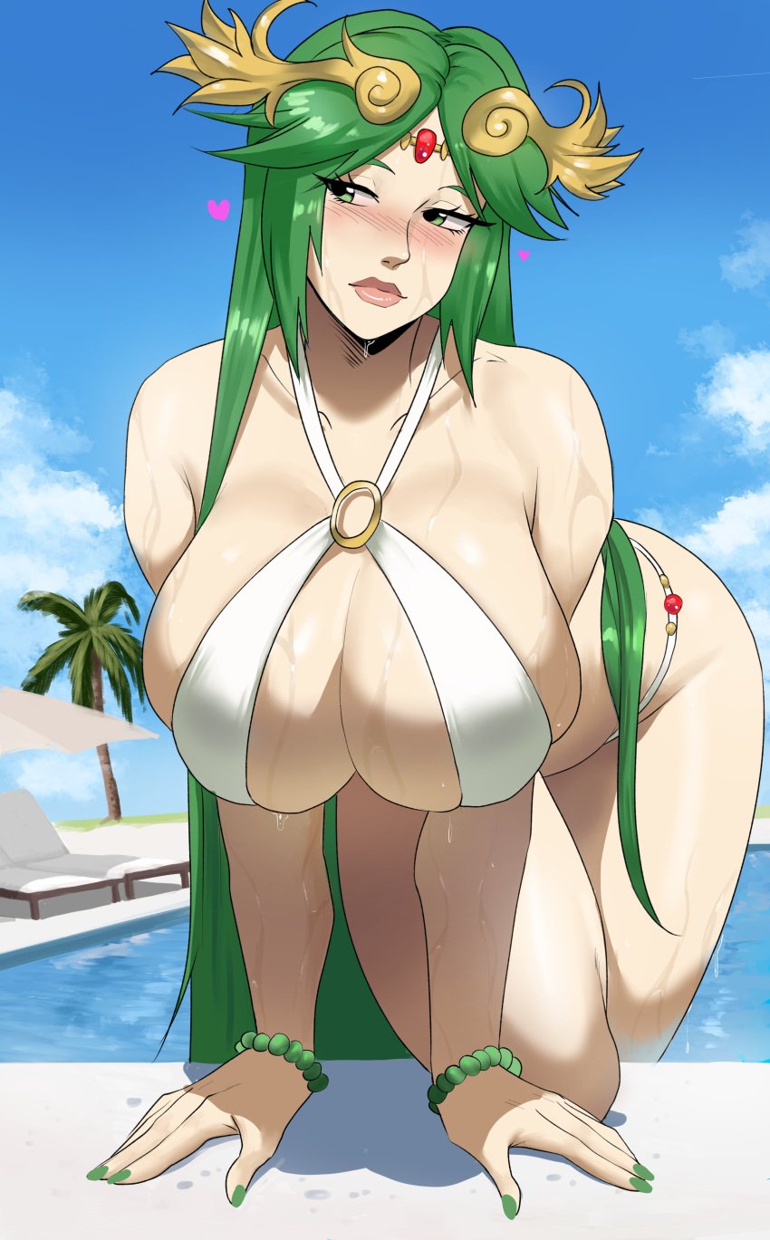 1girls 2022 absurd_res all_fours bikini breasts deity echosaber female goddess green_eyes green_hair hips horny kid_icarus kid_icarus_uprising large_breasts long_hair looking_at_viewer nintendo outdoors palutena pool poolside slim_waist solo swimsuit thick_lips thick_thighs thighs wet wet_body white_bikini wide_hips