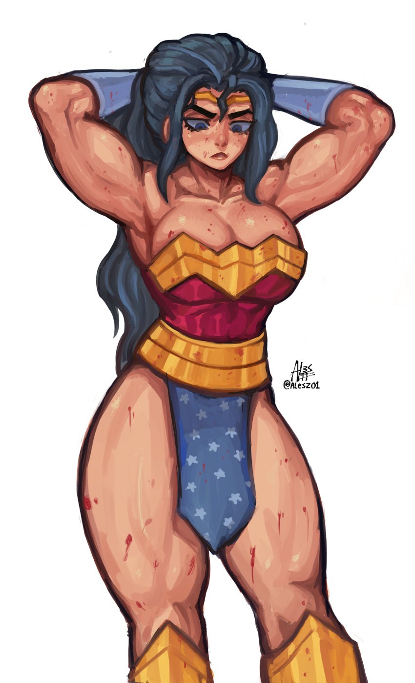 1girls al3s amazon armpits arms_behind_head big_breasts black_hair blood blue_eyes breasts cleavage clothed dc dc_comics diana_prince female female_only fully_clothed large_breasts muscular muscular_female olive_skin solo solo_female solo_focus superheroine thick_thighs wide_hips wonder_woman wonder_woman_(series)