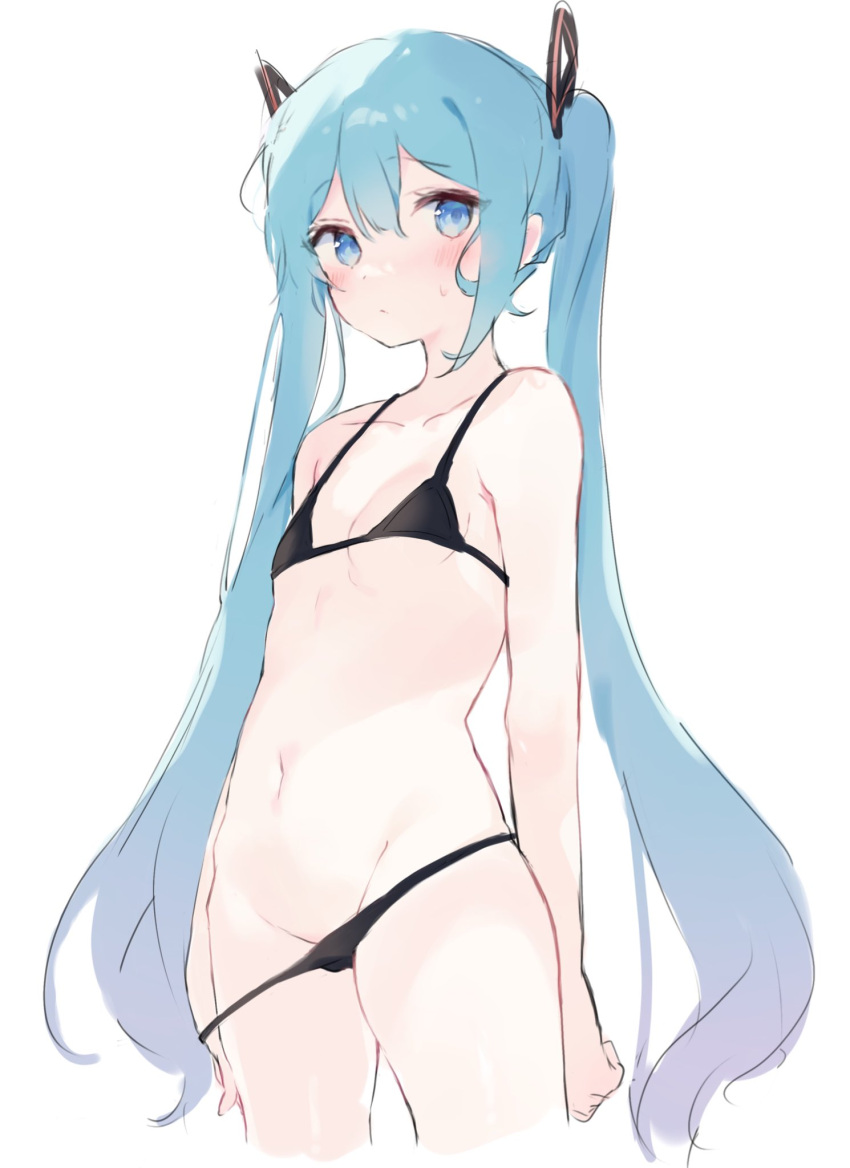 ahoge arm_at_side arm_behind_back bangs bikini bikini_pull black_bikini blue_eyes blue_hair blush breasts clothes_pull cowboy_shot female groin hair_ornament hatsune_miku highres long_hair looking_at_viewer navel o_(jshn3457) simple_background sketch small_breasts sweat swimsuit twintails very_long_hair vocaloid white_background