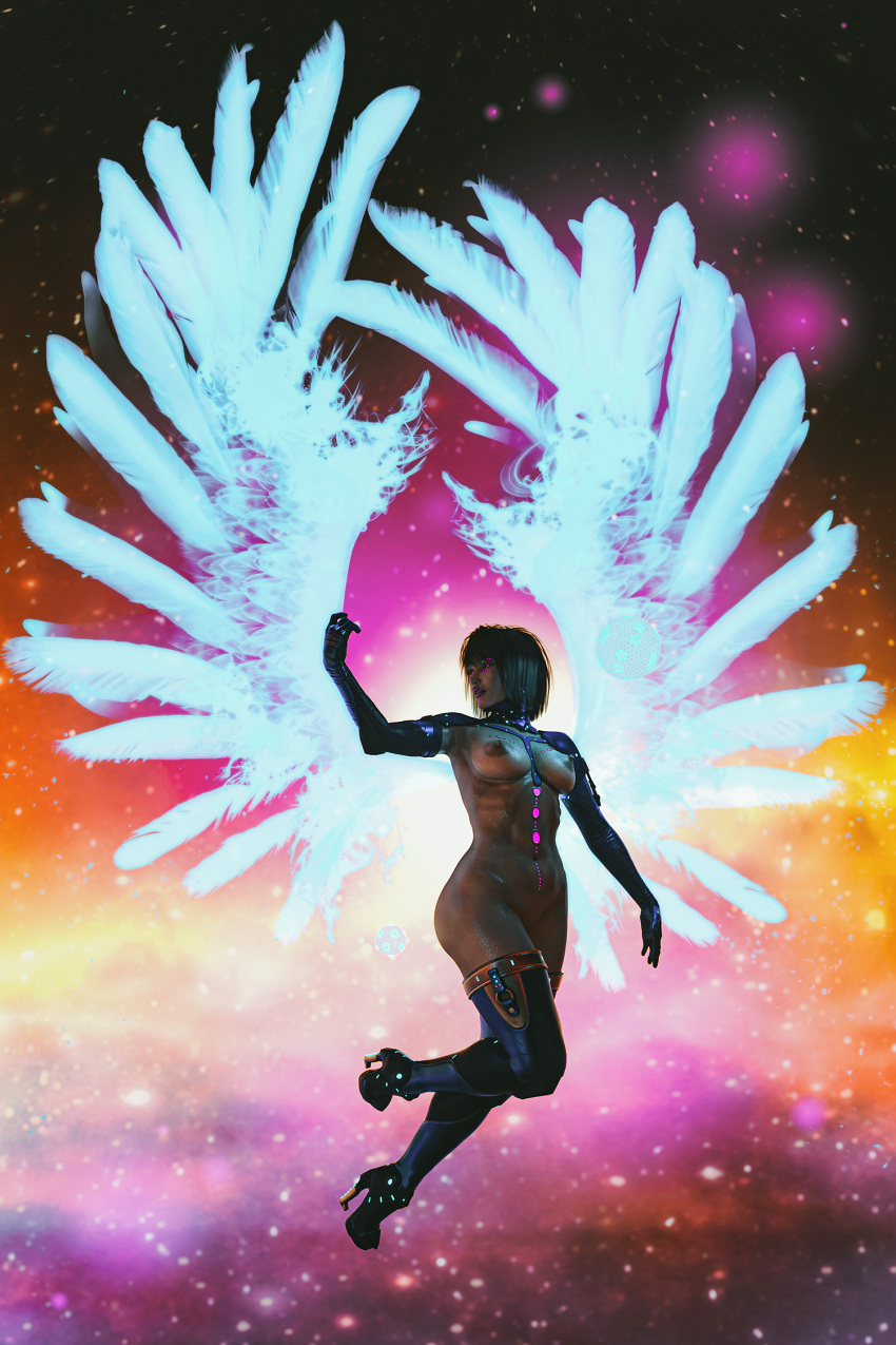 1girls 2020 3d arche_(cruisse) black_hair boots cruisse cyborg erect_nipples female female_only glowing glowing_eyes glowing_markings high_heel_boots high_heels hologram_wings midair nude nude_female original original_character sci-fi science_fiction slushe_(website) solo solo_female wings