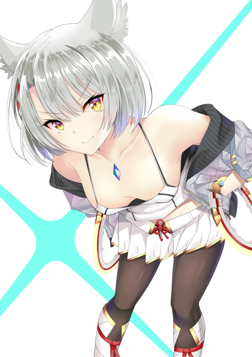 black_legwear braid breasts cat_ears catgirl cleavage core_crystal jacket kneehighs kou45210607 leggings legwear medium_breasts mio_(xenoblade) monolith_soft nintendo rings silver_hair skirt tank_top white_skirt xenoblade_(series) xenoblade_chronicles_3 yellow_eyes