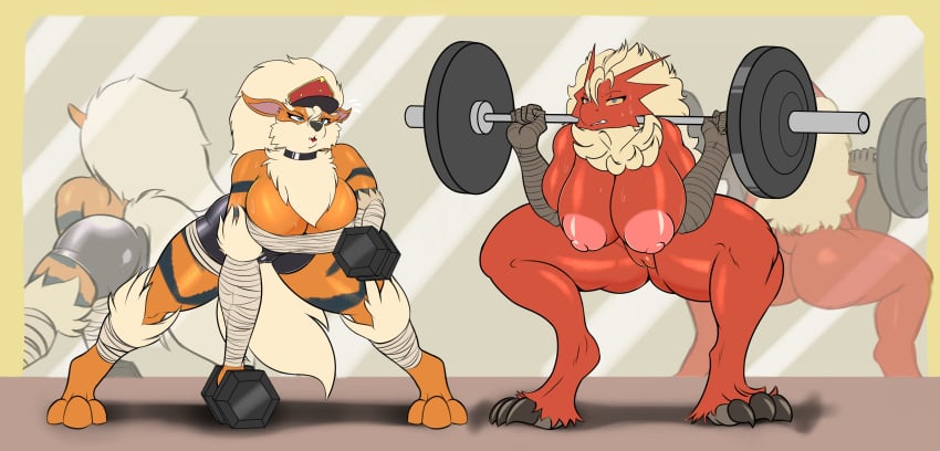 absurd_res anthro arcanine barbell blaziken bodily_fluids breasts cleavage clothed clothing crouching dumbbell duo exercise food fruit genitals hi_res nintendo nut_(fruit) plant pokemon pokemon_(species) pussy seii3 sweat video_games weightlifting weights workout