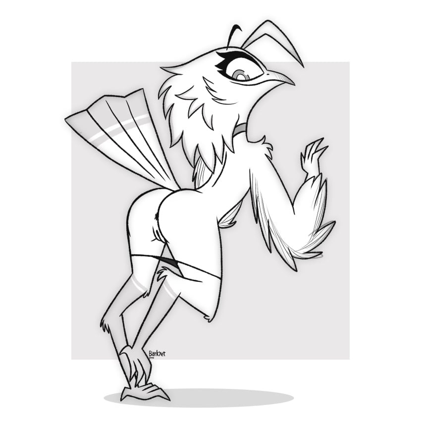 2022 anthro anus ass avian barkyeet bird clothed clothing female full-length_portrait greyscale hi_res lyra_(w4g4) monochrome panties panties_down partially_clothed portrait potoo rear_view solo topless topless_anthro topless_female underwear underwear_down