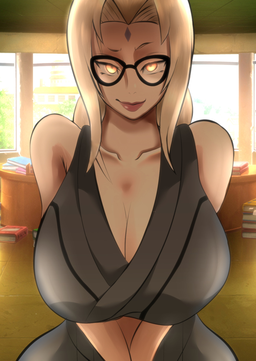 1girls alternate_version_available big_breasts black_glasses blonde_hair breast_focus breasts cleavage clothed clothing eyewear female female_only glasses hair huge_breasts large_breasts lips looking_at_viewer mature mature_female mature_woman milf naruto naruto_(series) orange_eyes powkasa presenting_breasts seductive seductive_smile smile solo solo_female thick_lips topwear tsunade