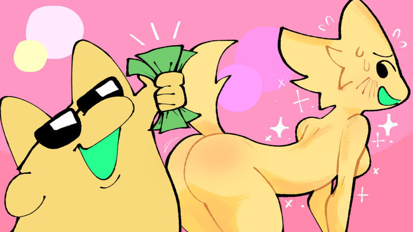 5_fingers ass big_ass big_breasts black_eyes breasts bubble_butt butt female flowuhflowuh green_mouth hyojin looking_back money open_mouth pink_background simple_background sunglasses sweat tail thick_thighs thighs yellow_body yellow_fur yellow_skin youtube youtuber