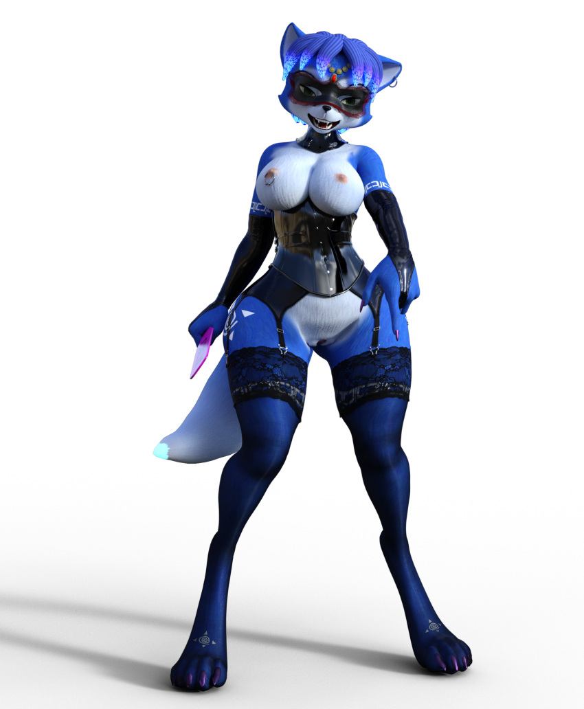 anthro bbdworks canid canine clothing corset dominatrix female fox gloves glowing glowing_markings handwear hi_res krystal latex_gloves legwear lingerie mammal markings mask mattress nintendo solo star_fox stockings topwear video_games