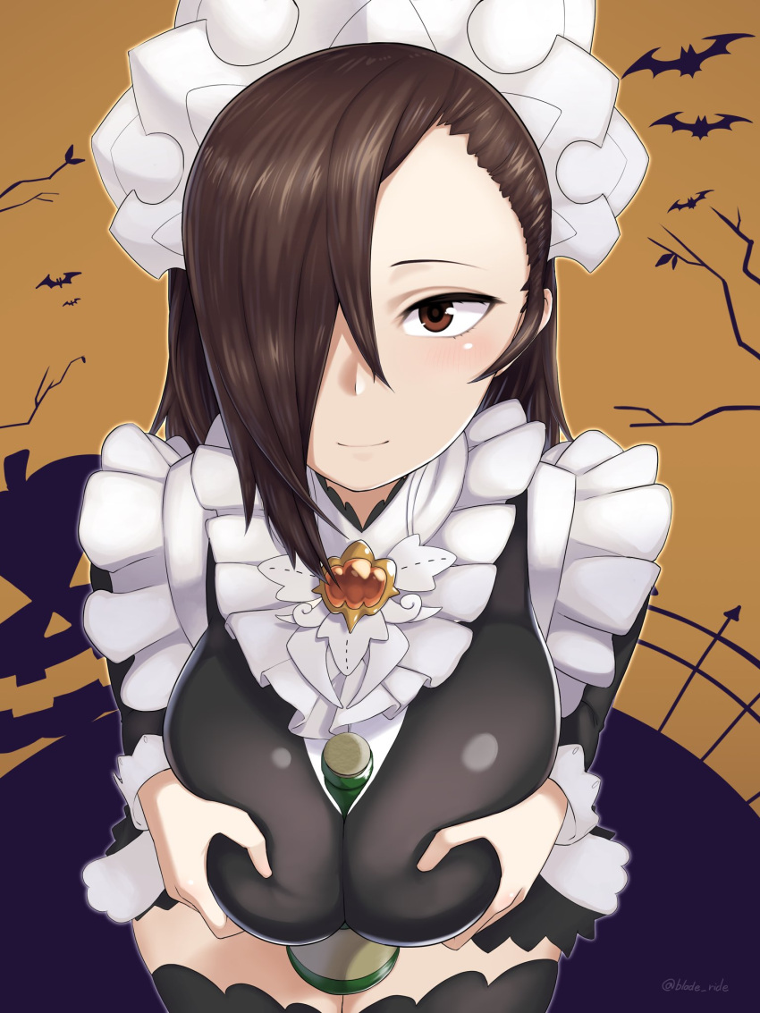 1girls alternate_costume blade_ride bottle breasts female female_only fire_emblem fire_emblem_fates fire_emblem_heroes halloween halloween_costume kagero_(fire_emblem) kagero_(halloween)_(fire_emblem) large_breasts maid nintendo official_alternate_costume paizuri solo suggestive