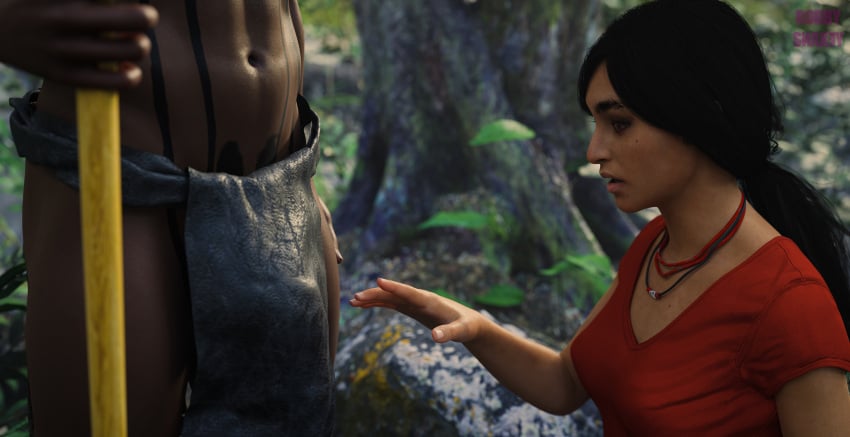 3d 3d_(artwork) big_penis biracial black_hair blender blender_(software) bobbysnaxey bulge_through_clothing chloe_frazer curious dark-skinned_male female inspecting interracial male outdoors outside tan-skinned_female uncharted uncharted_2 uncharted_the_lost_legacy