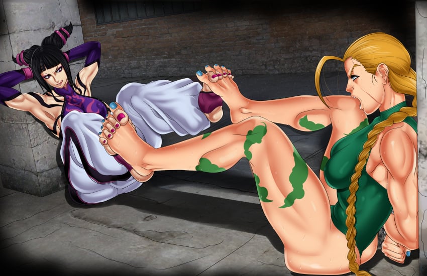 2girls angry barefoot bondage cammy_white catfight cuffed domination feet feet_touching female female_only femdom foot_fetish foot_focus foot_play footsie interlocked_toes juri_han multiple_girls naranjou street_fighter struggle struggling sweat sweaty sweaty_feet toenail_polish toes wrestling_femdom