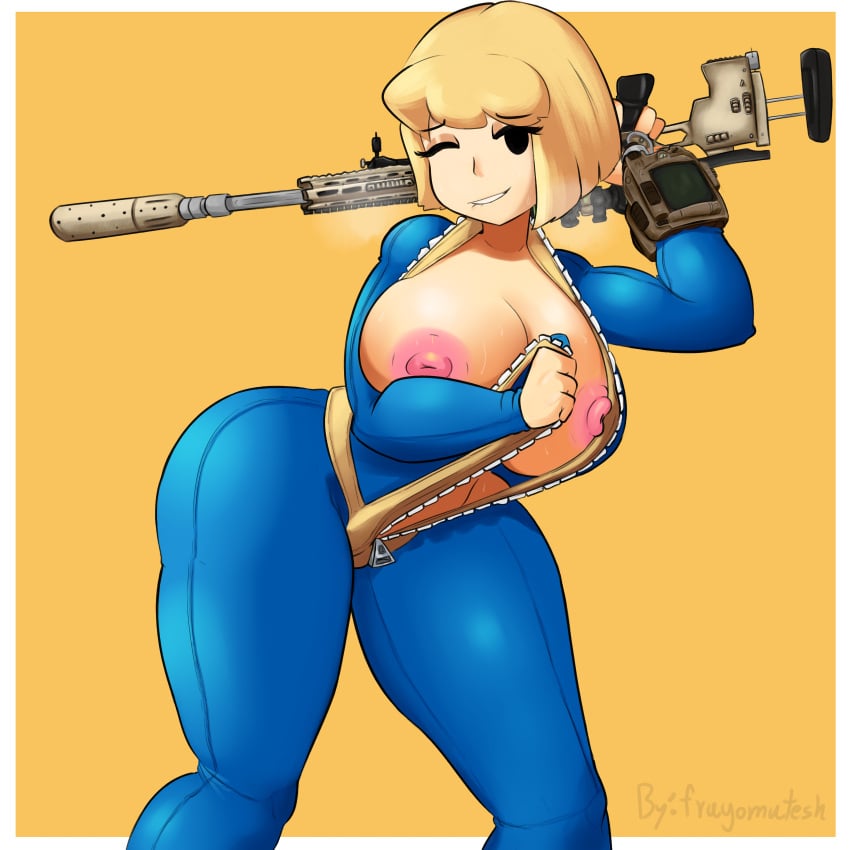 1girls bethesda_softworks big_breasts biting_lip blonde_hair fallout fallout_(series) female female_only fragomatesh lip_biting looking_at_viewer mob_face nipples one_eye_closed pink_nipples pip-boy pose posing sniper sniper_rifle sweat sweating sweaty_body sweaty_breasts thick_thighs vault_dweller vault_girl vault_meat vault_suit wink zipper zipper_down