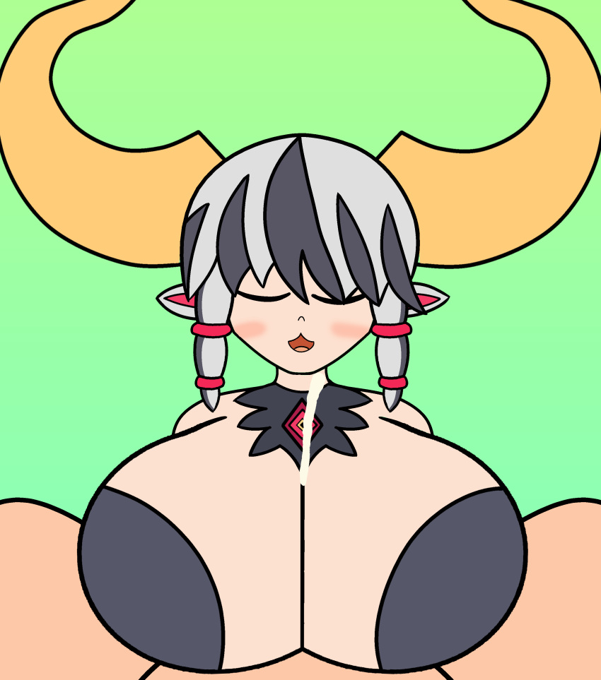 alternate_version_available breasts cow_ears cow_girl cow_horns disgaea disgaea_6 drei_(artist) ejaculation ejaculation_between_breasts evil_eye_(disgaea) huge_breasts large_breasts monster_girl nippon_ichi_software paizuri