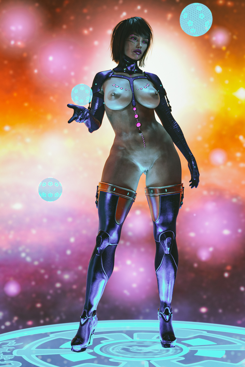 1girls 2020 3d arche_(cruisse) black_hair boots cruisse cyborg erect_nipples female female_only gloves glowing glowing_eyes glowing_markings high_heel_boots high_heels large_breasts nude nude_female original original_character sci-fi science_fiction slushe_(website) solo solo_female standing