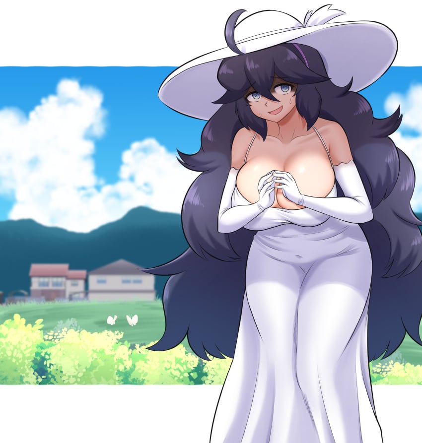 1girls armwear background big_breasts blue_eyes breasts cleavage cosplay dress female female_only game_freak gloves hair hasshaku-sama hasshaku-sama_(cosplay) hat hex_maniac japanese_mythology kiteman442 long_hair mature mature_female mature_woman milf pokemon pokemon_xy purple_hair solo solo_female sun_hat sweat sweatdrop thighs white_dress white_gloves