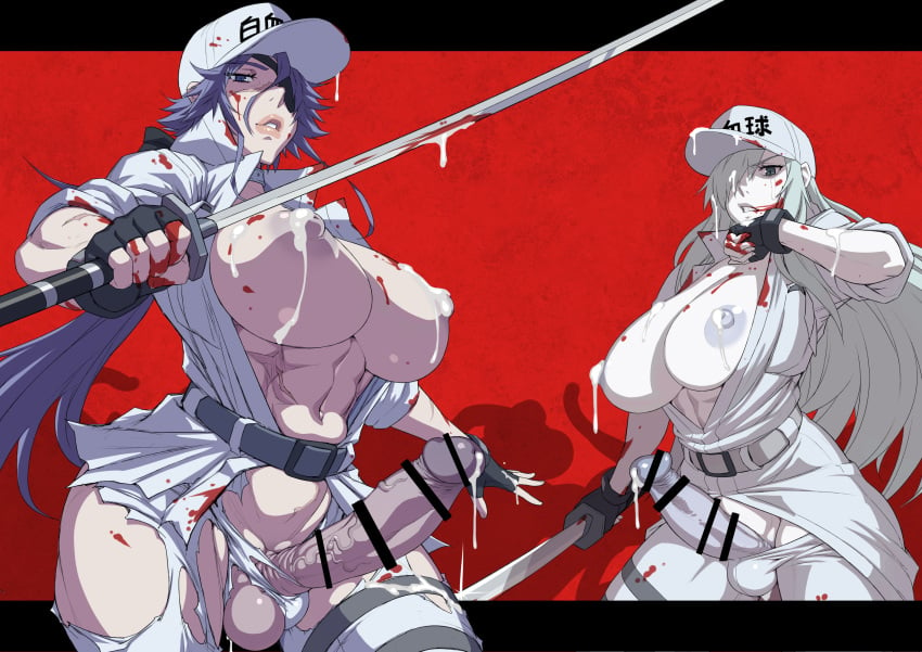 2futas areola areolae balls bar_censor big_breasts big_penis blue_hair breasts censored clothed clothing cum dickgirl duo erection eyepatch futa_only futanari hataraku_saibou hataraku_saibou_black huge_breasts human lactation lactation_without_expressing mikoyan mostly_nude nipples penis pubic_hair scar scars short_hair white_blood_cell_captain_(black) white_skin