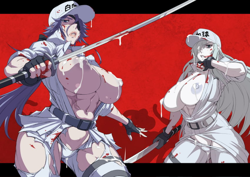 2girls areola areolae big_breasts blue_hair breasts eyepatch female hataraku_saibou hataraku_saibou_black huge_breasts lactation lactation_without_expressing mikoyan nipples scar scars short_hair tagme u-1196 white_blood_cell_captain_(black) white_skin