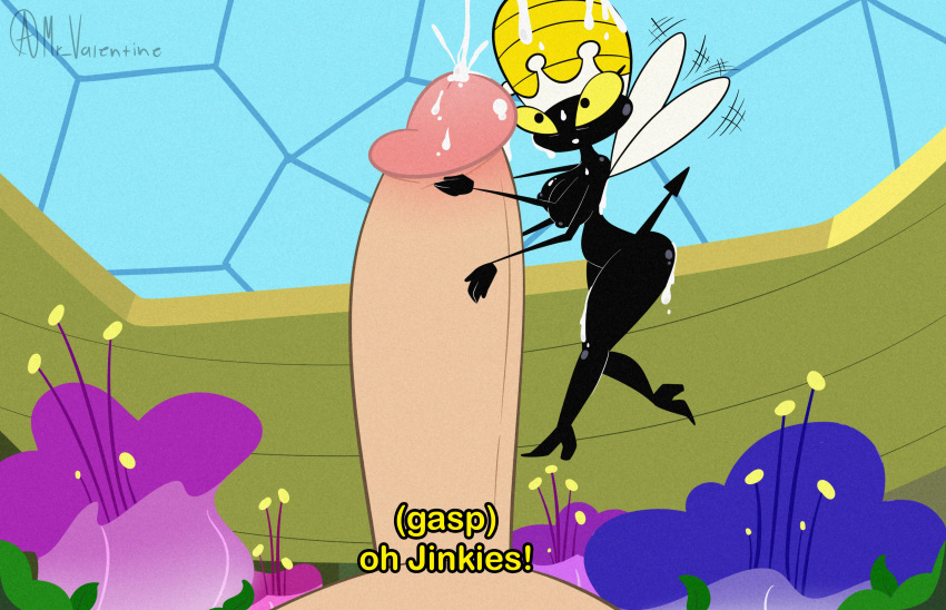 4_arms absurd_res anthro arthropod bee black_body bodily_fluids breasts cum cumshot detailed_background dialogue duo ejaculation english_text erection faceless_human female female_focus female_on_human flying genital_fluids hanna-barbera hi_res human human_on_anthro hymenopteran insects interspecies larger_human larger_male macro male male/female male_human/female_anthro male_on_anthro mammal micro micro_on_macro mr_valentine00 multi_arm multi_limb pointed_tail queen_bea secret_squirrel_show size_difference smaller_anthro smaller_female solo_focus text unseen_male_face