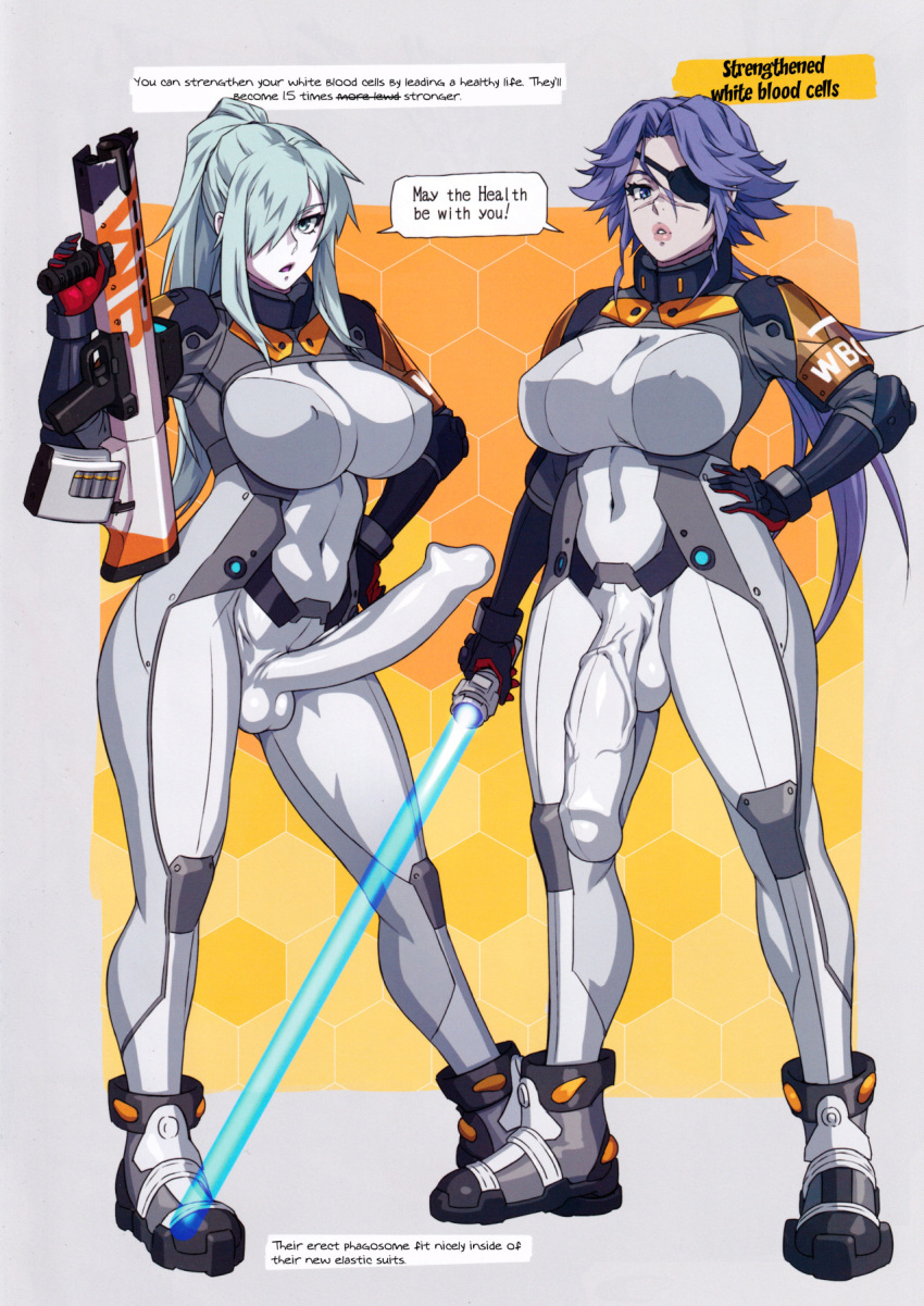 2futas areola areolae balls big_breasts blue_hair bodysuit breasts clothed clothing crossover dialogue dickgirl duo english english_dialogue english_text eyepatch fully_clothed futa_only futanari hataraku_saibou hataraku_saibou_black huge_breasts huge_cock human mikoyan nipples penis pubic_hair scar scars short_hair standing star_wars tagme text white_blood_cell_captain_(black) white_skin