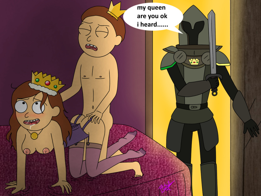 1girls 2boys ambiguous_penetration amulet armor bed bedroom brown_hair brunette caught corset crown doggy_style female knight light-skinned_female light-skinned_male light_skin male male/female mei_windrunner nude nude_male nude_male_clothed_female partially_clothed pocket_mortys queen rick_and_morty sex sword text text_bubble weapon