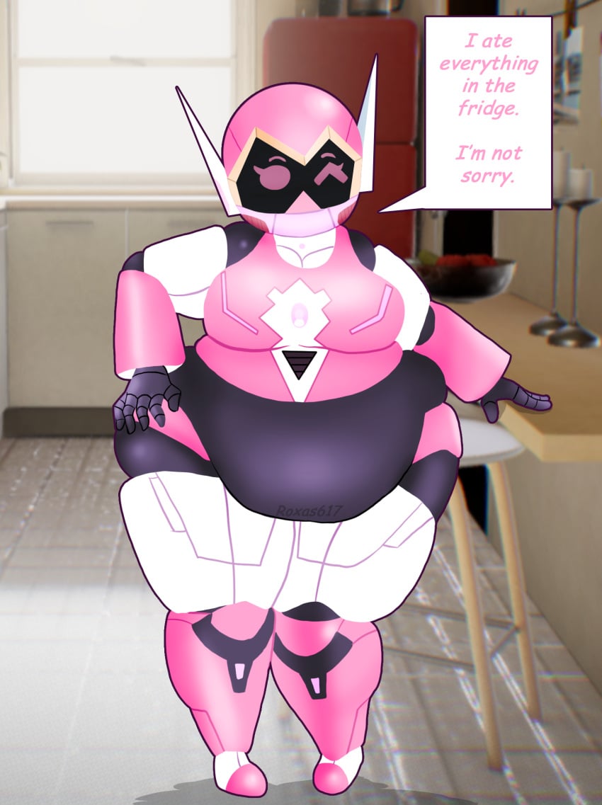 antennae belly big_belly breasts dialogue dialogue_box fat female fingers hand_on_hip kitchen pink_body pink_eyes robot robot_girl robot_humanoid roxas617 signature solo solo_female thick_thighs visor whispervr white_body wink