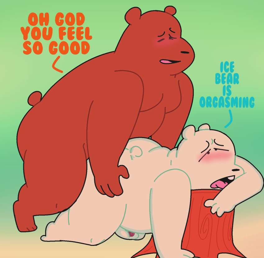 2022 anthro anukkyt belly big_belly blush brown_bear brown_body cartoon_network closed_eyes dialogue duo english_text grizzly_(wbb) grizzly_bear hi_res humanoid_hands ice_bear male male/male mammal overweight overweight_male polar_bear sex text ursid ursine we_bare_bears white_body