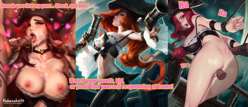 1girls 2boys 2d blowjob cum cum_in_ass cum_in_mouth cum_inside cum_on_breasts gangbang handjob heheneko league_of_legends miss_fortune open_mouth rape red_hair