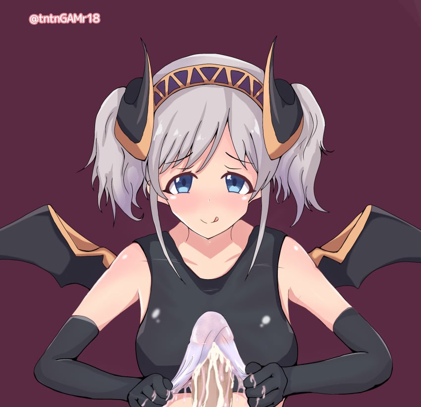 1girls akari_(princess_connect!) blue_eyes eyebrows_visible_through_hair femdom gauze grey_hair looking_at_viewer lotion_gauze male_pov pov princess_connect! princess_connect!_re:dive tntngamr18 twintails