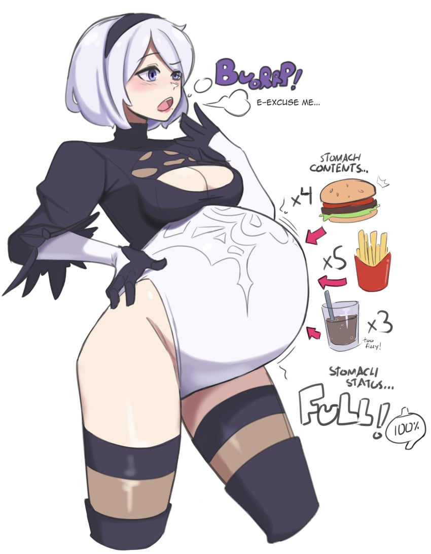 1girls bbw belly big_belly bloated_belly breasts burp burping chubby clothing elpacha2 english_text fat female female_only hairband huge_belly light-skinned_female light_skin nier nier:_automata overeating short_hair solo solo_female stuffed stuffed_belly text white_background white_hair yorha_2b