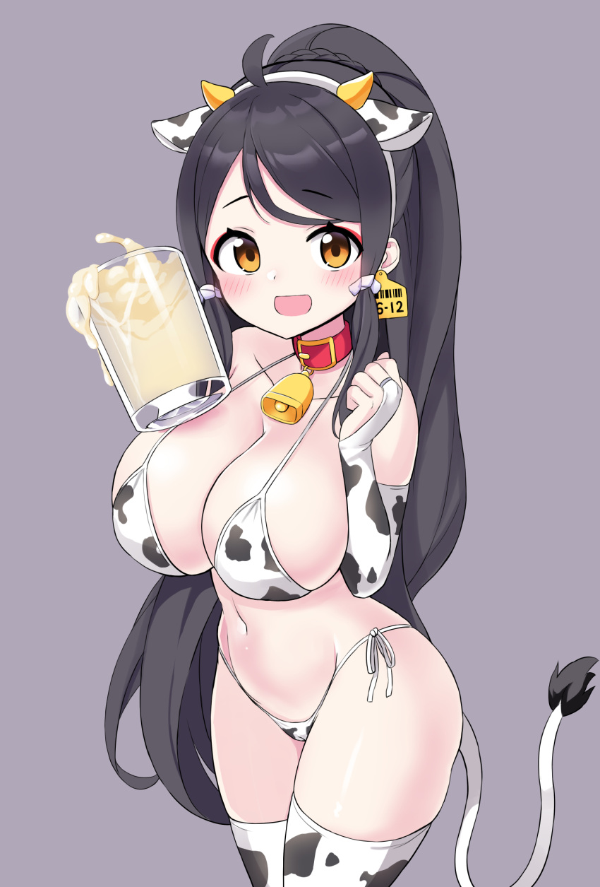 ahoge animal_ears animal_print ara_haan bikini black_hair blush breasts bridal_gauntlets cameltoe cleavage collar collarbone completely_nude cow_ears cow_print cow_tail cum cum_in_container cum_in_cup cup ear_tag elbow_gloves elsword fake_animal_ears female gloves haun_(exodinary) highres large_breasts long_hair navel nude open_mouth print_bikini side-tie_bikini simple_background smile solo swimsuit tail thighhighs yellow_eyes